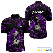 Load image into Gallery viewer, Purple grim reaper lightning bowling quarter zip shirt for men.