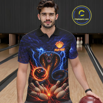 Man wearing blue lightning cobra bowling polo shirt front view.