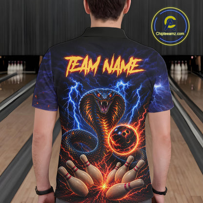 Man wearing blue lightning cobra bowling polo shirt back view.