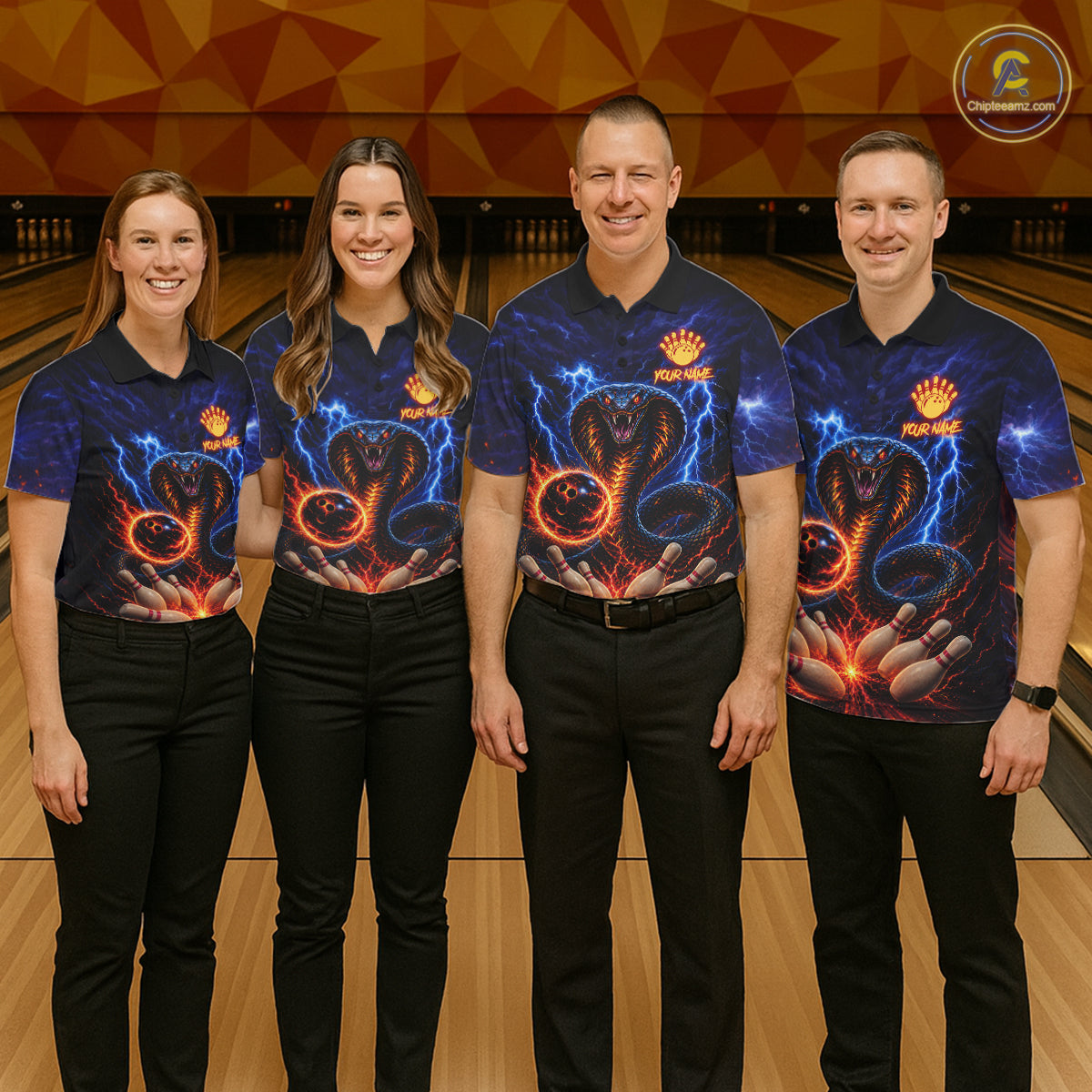 Bowling team wearing matching blue lightning cobra jerseys front view.