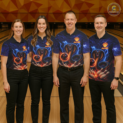 Bowling team wearing matching blue lightning cobra jerseys front view.