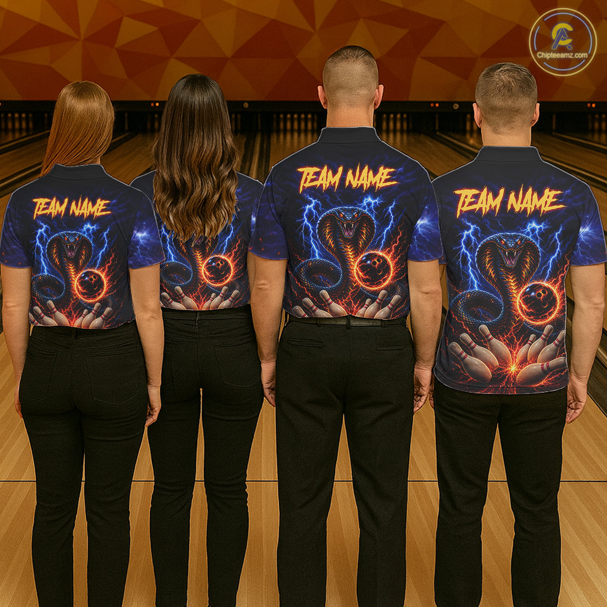 Bowling team wearing matching blue lightning cobra jerseys back view.