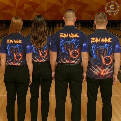 Bowling team wearing matching blue lightning cobra jerseys back view.