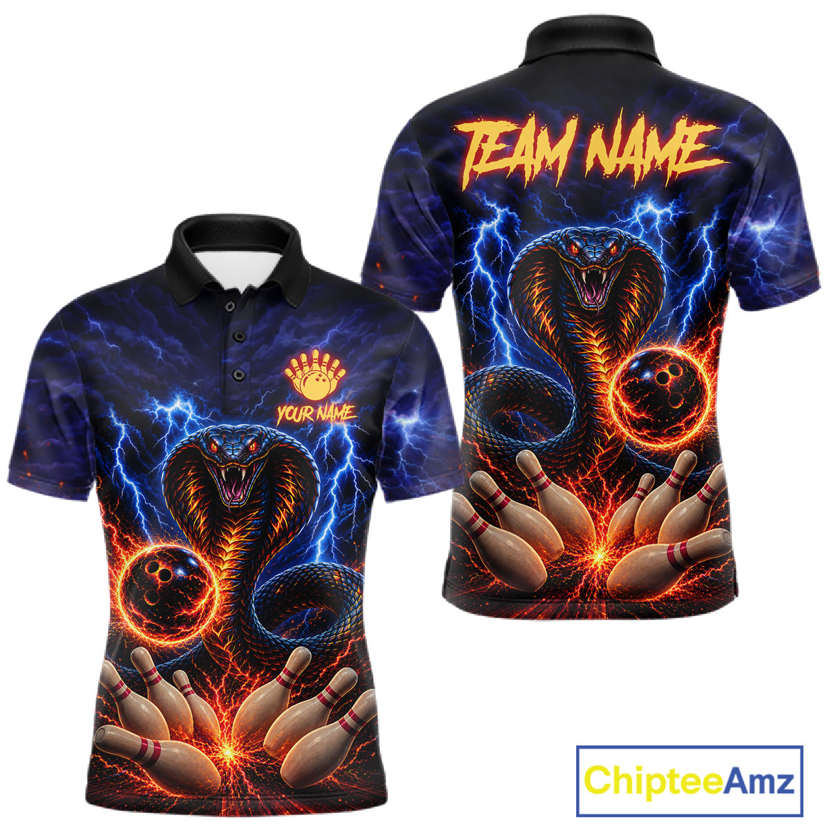 Blue lightning cobra bowling team polo shirt for men with fire cobra design.