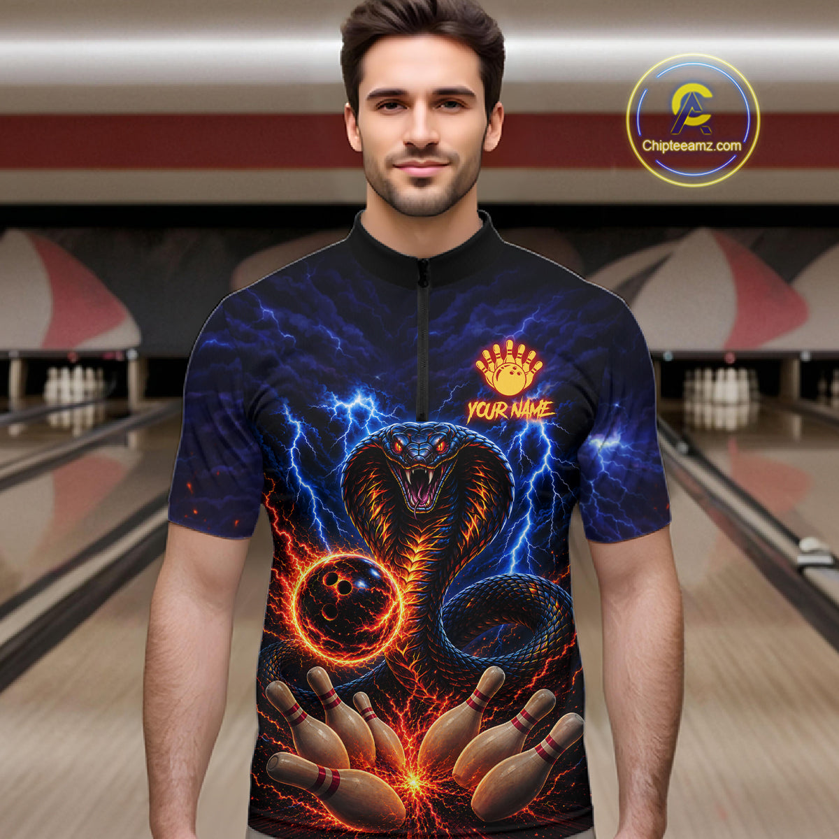 Man wearing blue lightning cobra bowling quarter zip shirt front view.