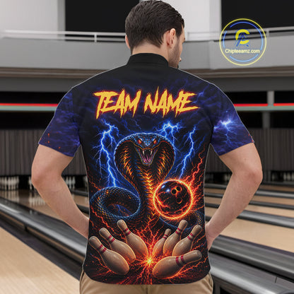 Man wearing blue lightning cobra bowling quarter zip shirt back view.