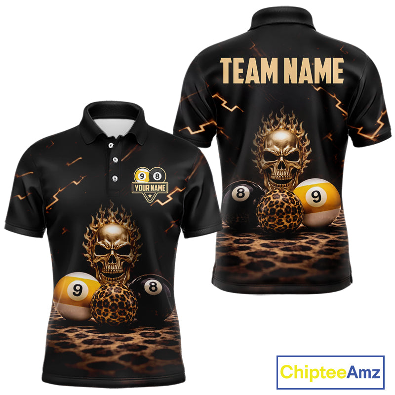 Black And Golden 8 Ball & 9 Ball Skull Billiard Shirt For Men Custom Leopard Pool Team Jersey TDM5997
