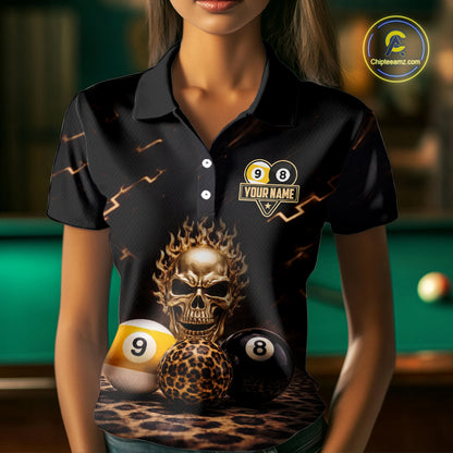 Black And Golden 8 Ball & 9 Ball Skull Billiard Shirt For Women Custom Leopard Pool Team Jersey TDM5997