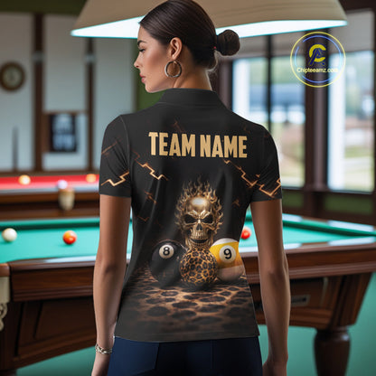 Black And Golden 8 Ball & 9 Ball Skull Billiard Shirt For Women Custom Leopard Pool Team Jersey TDM5997