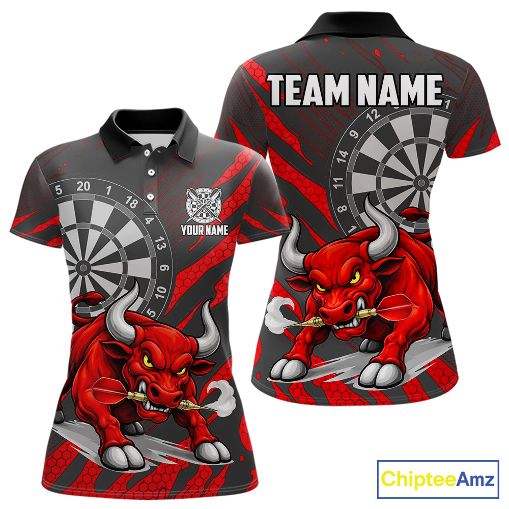 Black And Red Funny Bull Darts Shirt For Women Custom Darts Team Jersey Polo & Quarter Zip Shirt TDM6237