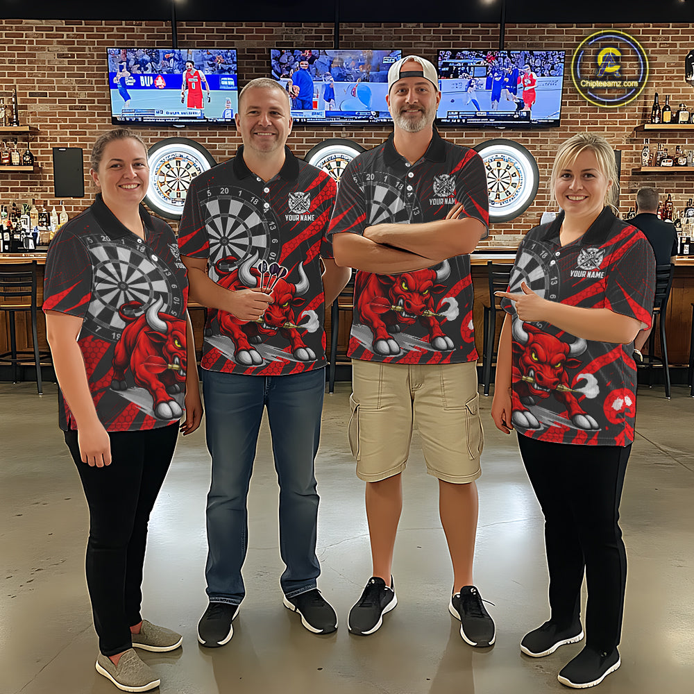 Black And Red Funny Bull Darts Shirt For Women Custom Darts Team Jersey Polo & Quarter Zip Shirt TDM6237