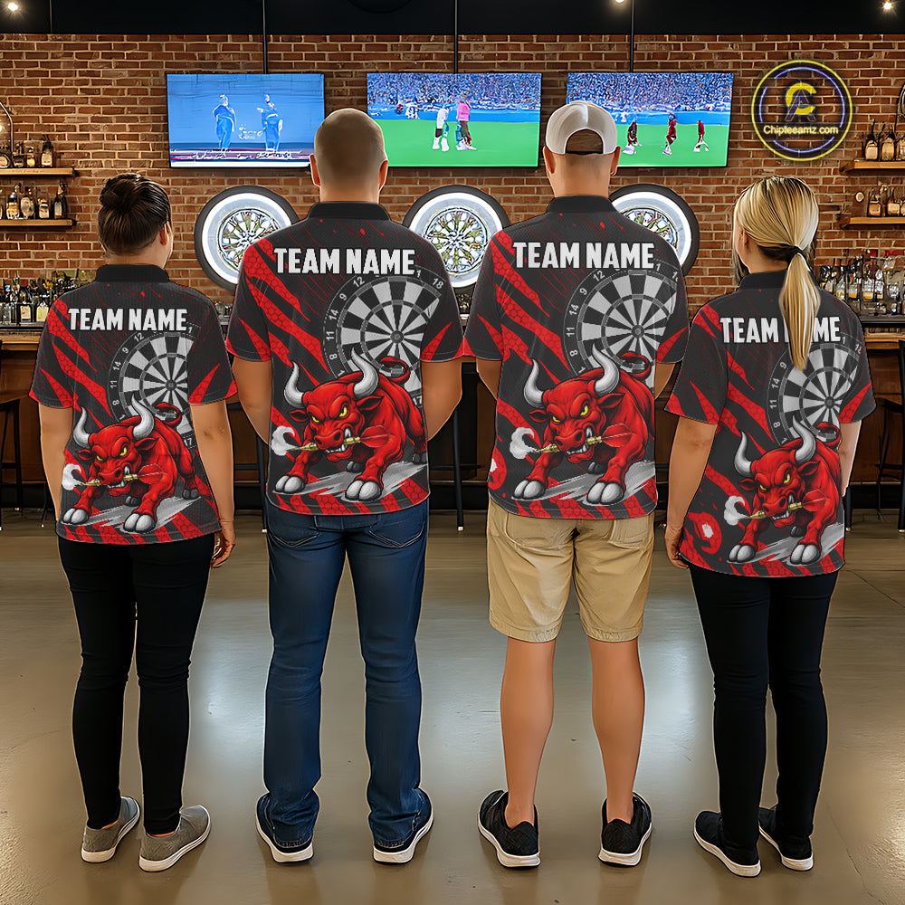 Black And Red Funny Bull Darts Shirt For Women Custom Darts Team Jersey Polo & Quarter Zip Shirt TDM6237