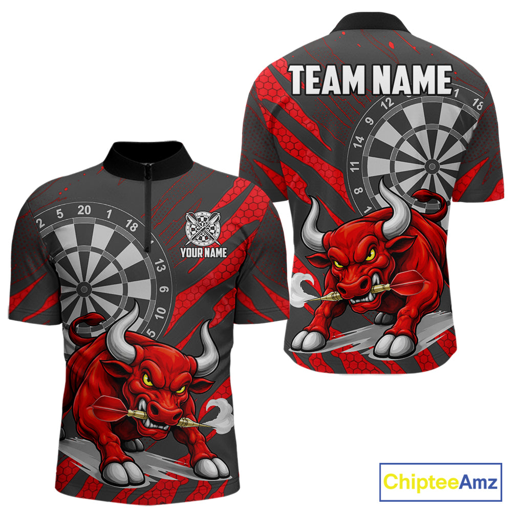 Black And Red Funny Bull Darts Shirt For Men Custom Darts Team Jersey Polo & Quarter Zip Shirt TDM6237