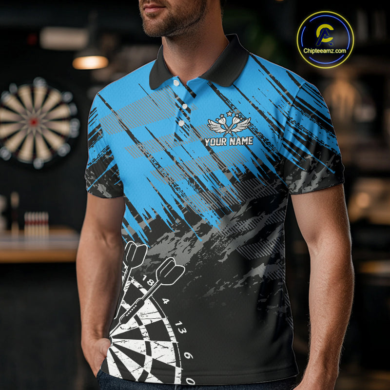 Blue Black Grunge Darts Shirts For Men Custom Dart Jersey With Pocket Option TDM4108