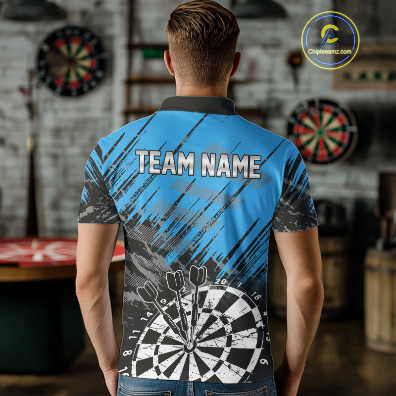 Blue Black Grunge Darts Shirts For Men Custom Dart Jersey With Pocket Option TDM4108