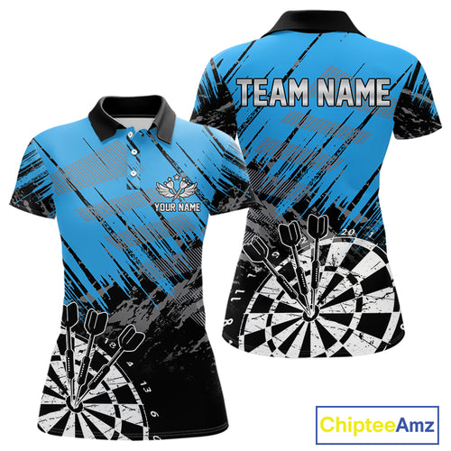 Blue Black Grunge Darts Shirts For Women Custom Dart Jersey With Pocket Option TDM4108