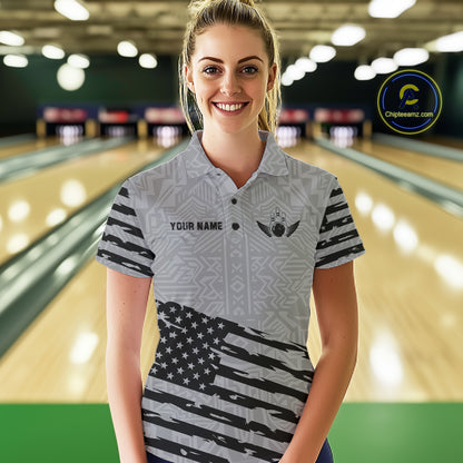 Woman wearing a grey American flag bowling polo shirt during league play front view.