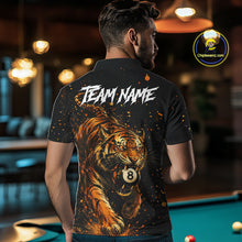 Load image into Gallery viewer, Man wearing personalized grunge tiger 8 ball pool billiard polo shirt back view.