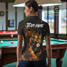 Load image into Gallery viewer, Woman wearing personalized grunge tiger 8 ball pool billiard polo shirt back view.