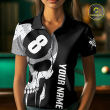 Load image into Gallery viewer, Woman wearing personalized American flag 8 ball skull billiard polo shirt front view.