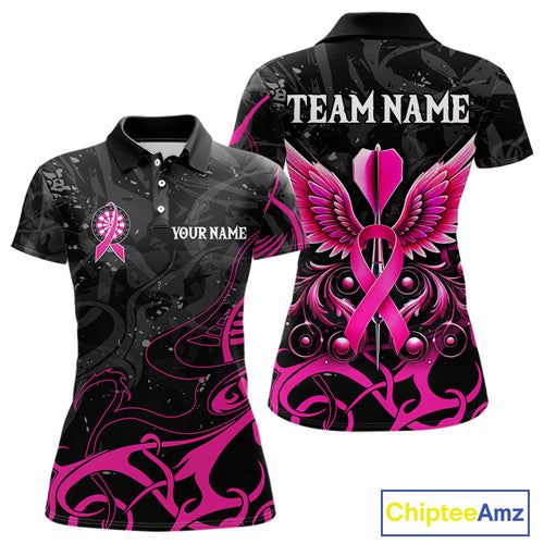 Pink Black Custom Breast Cancer Wings Dart Shirt For Women With Pocket Option TDM4491