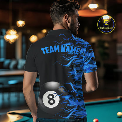 Personalized Blue Flaming 8 Ball Billiard Shirt For Men Custom Pool Team Jersey Polo & 1/4 Zip TDM4712