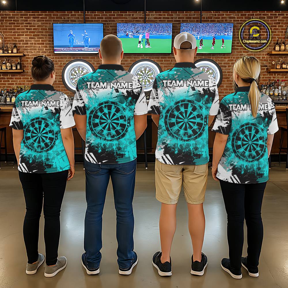 Turquoise Grunge Paint Splash Dart Shirts For Men Custom Darts Jersey Team Polo & Quarter Zip TDM5353
