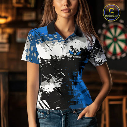 Blue Grunge Paint Splash Dart Shirts For Women Custom Darts Jersey Team Polo & Quarter Zip TDM5354