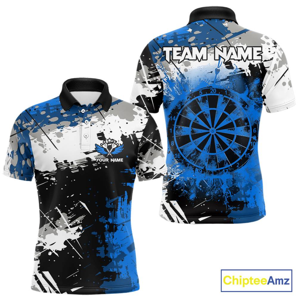 Blue Grunge Paint Splash Dart Shirts For Men Custom Darts Jersey Team Polo & Quarter Zip TDM5354