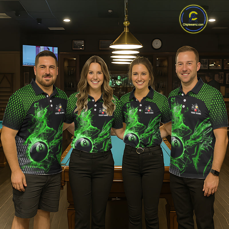 Green 8 Ball & 9 Ball Flame Smoke Custom Dragon Billiard Shirts For Women, Billiard Team Jersey TDM5631