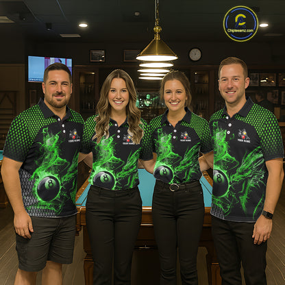Green 8 Ball & 9 Ball Flame Smoke Custom Dragon Billiard Shirts For Women, Billiard Team Jersey TDM5631