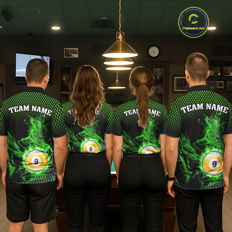 Green 8 Ball & 9 Ball Flame Smoke Custom Dragon Billiard Shirts For Women, Billiard Team Jersey TDM5631