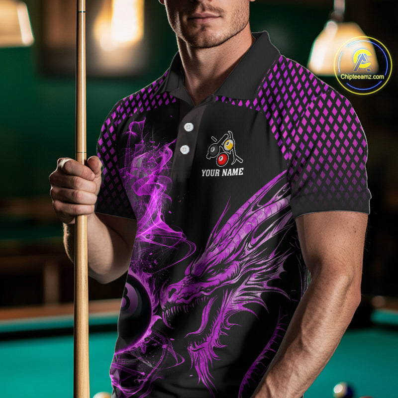 Purple 8 Ball & 9 Ball Flame Smoke Custom Dragon Billiard Shirts For Men, Billiard Team Jersey TDM5632