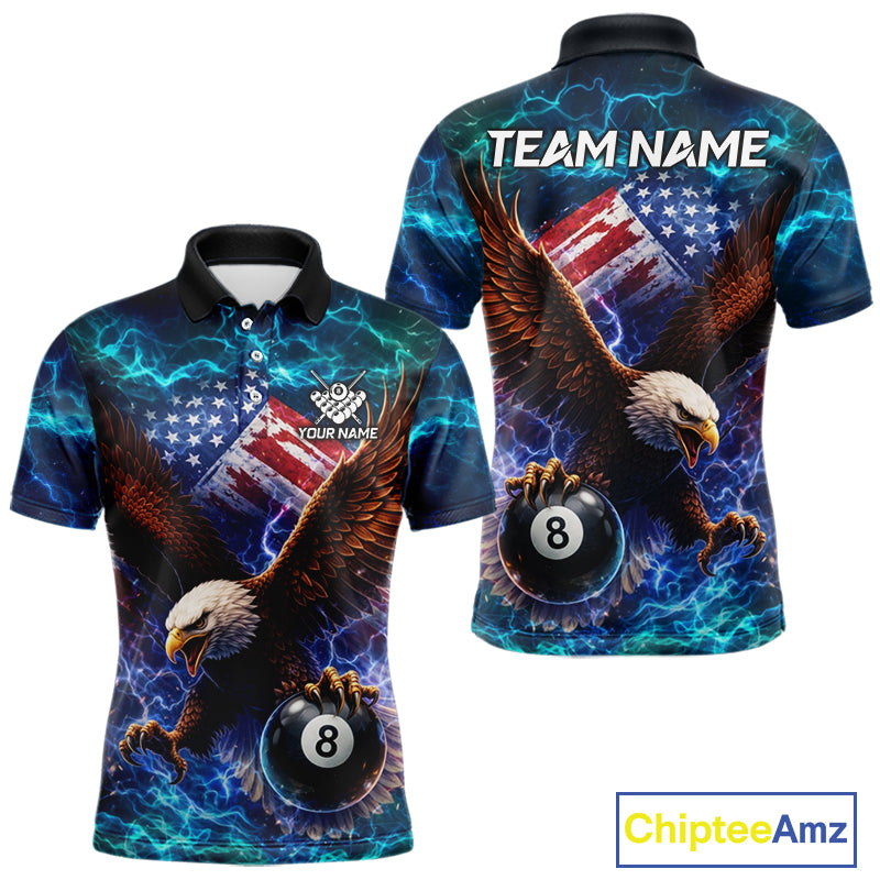 Personalized 8 Ball US Flag Eagle Lightning Billiard Shirt For Men, Patriotic Billiard Team Jersey TDM5850