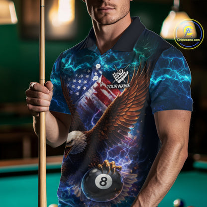 Personalized 8 Ball US Flag Eagle Lightning Billiard Shirt For Men, Patriotic Billiard Team Jersey TDM5850