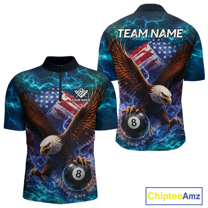 Personalized 8 Ball US Flag Eagle Lightning Billiard Shirt For Men, Patriotic Billiard Team Jersey TDM5850