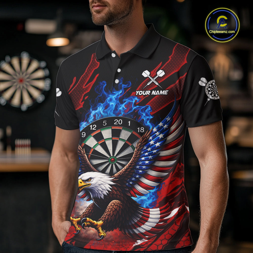 Blue Flaming Dartboard Shirt For Men Custom American Flag Eagle Darts Team Jersey Polo &1/4 Zip TDM6003