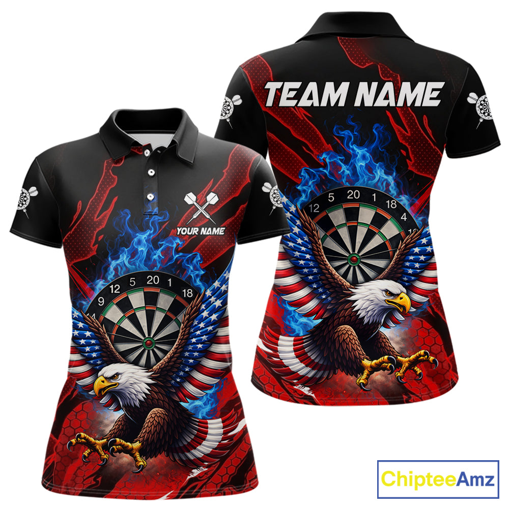 Blue Flaming Dartboard Shirt For Women Custom American Flag Eagle Darts Team Jersey Polo &1/4 Zip TDM6003