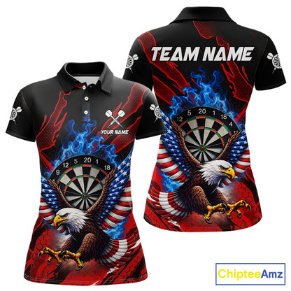 Blue Flaming Dartboard Shirt For Women Custom American Flag Eagle Darts Team Jersey Polo &1/4 Zip TDM6003