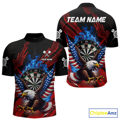 Blue Flaming Dartboard Shirt For Men Custom American Flag Eagle Darts Team Jersey Polo &1/4 Zip TDM6003