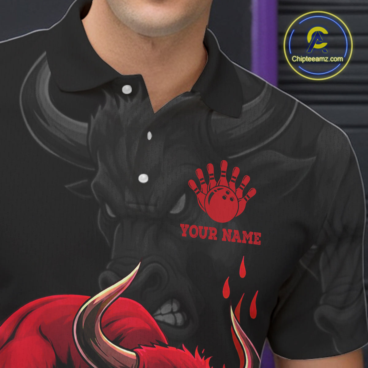 Black And Red Funny Bull Bowling Shirt For Men Custom Bowling Team Jersey Polo & Quarter Zip TDM6242