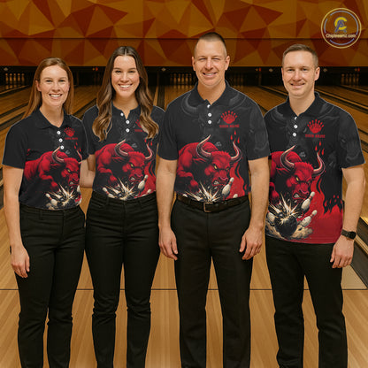 Black And Red Funny Bull Bowling Shirt For Men Custom Bowling Team Jersey Polo & Quarter Zip TDM6242