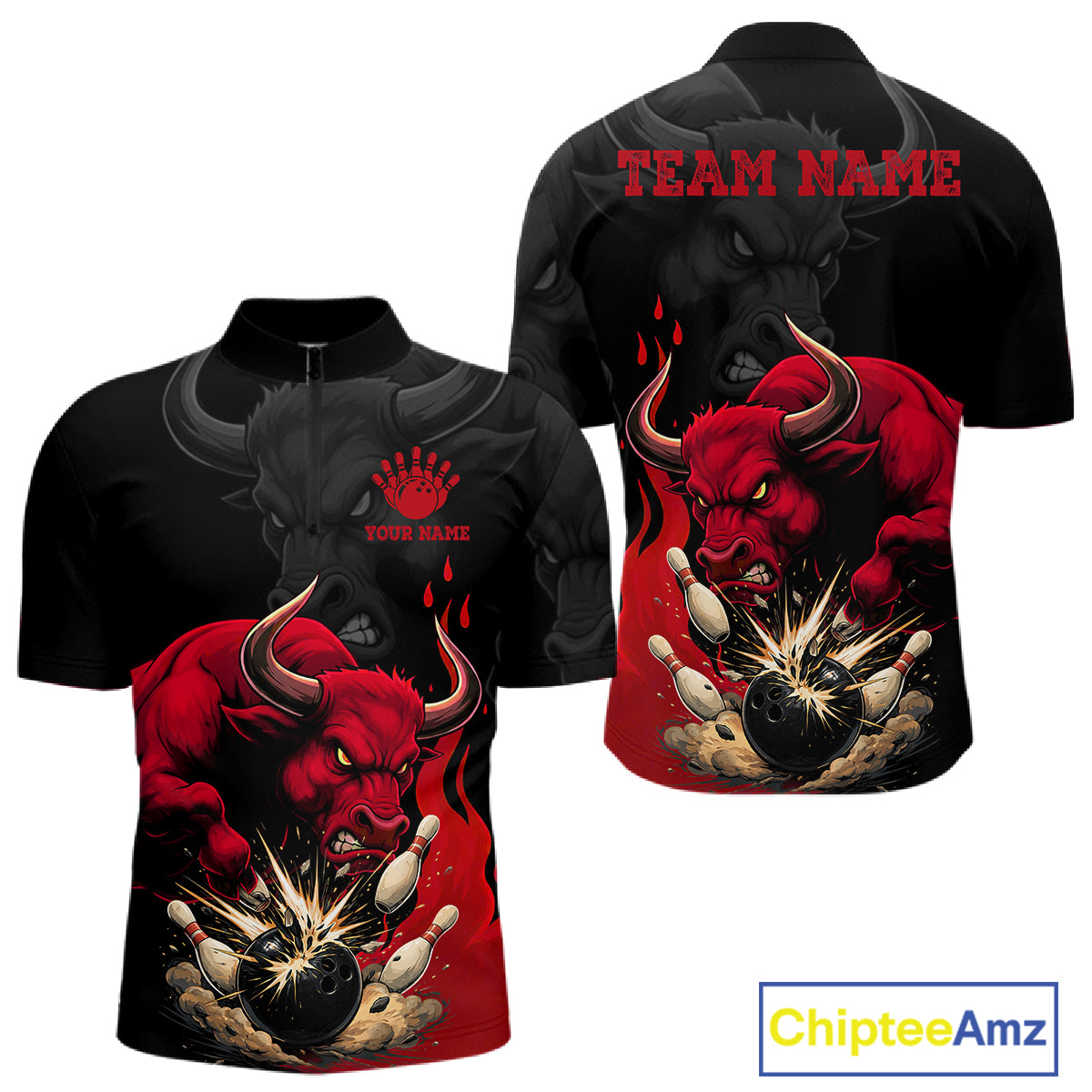 Black And Red Funny Bull Bowling Shirt For Men Custom Bowling Team Jersey Polo & Quarter Zip TDM6242
