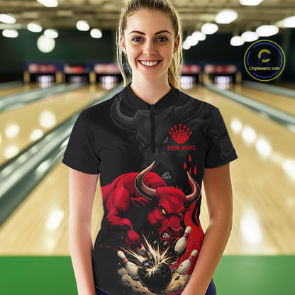 Black And Red Funny Bull Bowling Shirt For Women Custom Bowling Team Jersey Polo & Quarter Zip TDM6242