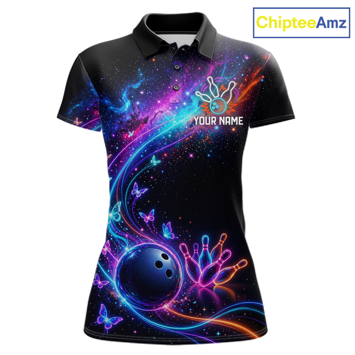 Personalized Galaxy Butterfly Bowling Shirt For Women Custom Bowling Jersey Team Polo & 1/4 Zip TDM6463