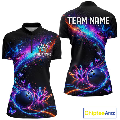 Personalized Galaxy Butterfly Bowling Shirt For Women Custom Bowling Jersey Team Polo & 1/4 Zip TDM6463
