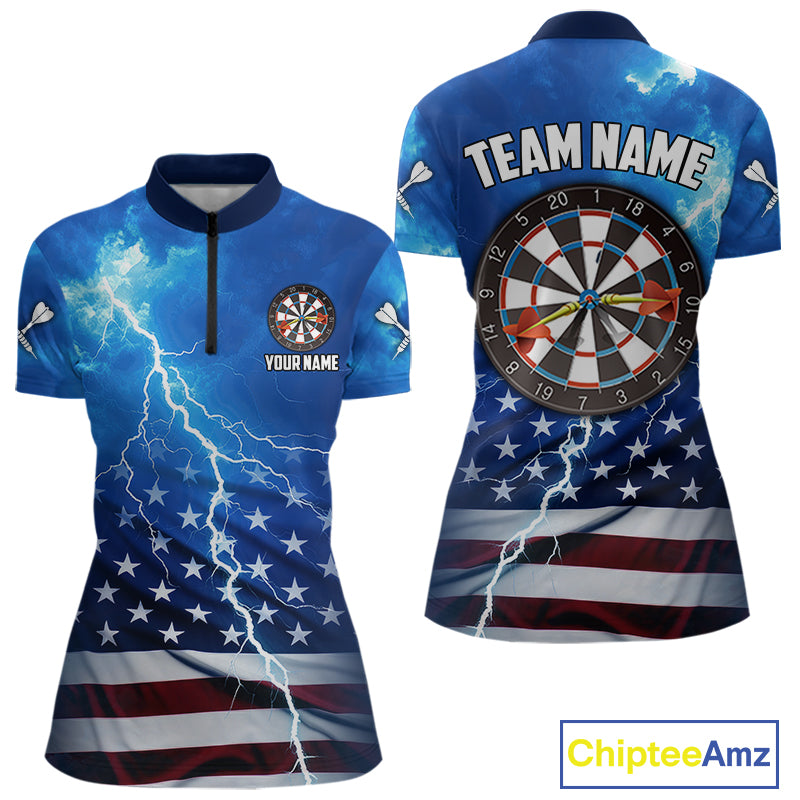 Blue Lightning US Flag Dart Shirt For Women Custom Dart Jersey Pocket Option TDM4114