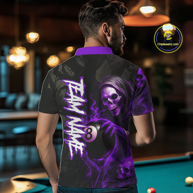 Grim Reaper Custom Flame 8 Ball Pool Billiard Shirt For Men, Purple Black Billiard Team Jersey TDM4121