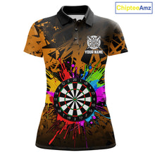 Load image into Gallery viewer, Orange funny dartboard darts shirt for women with colorful bold graphics and casual league style.