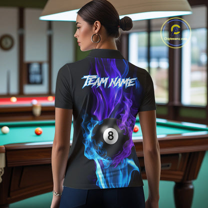 Purple Blue Flaming Smoke 8 Ball Billiard Shirts For Women, Pool Team Shirts Custom Billiard Jersey TDM5141